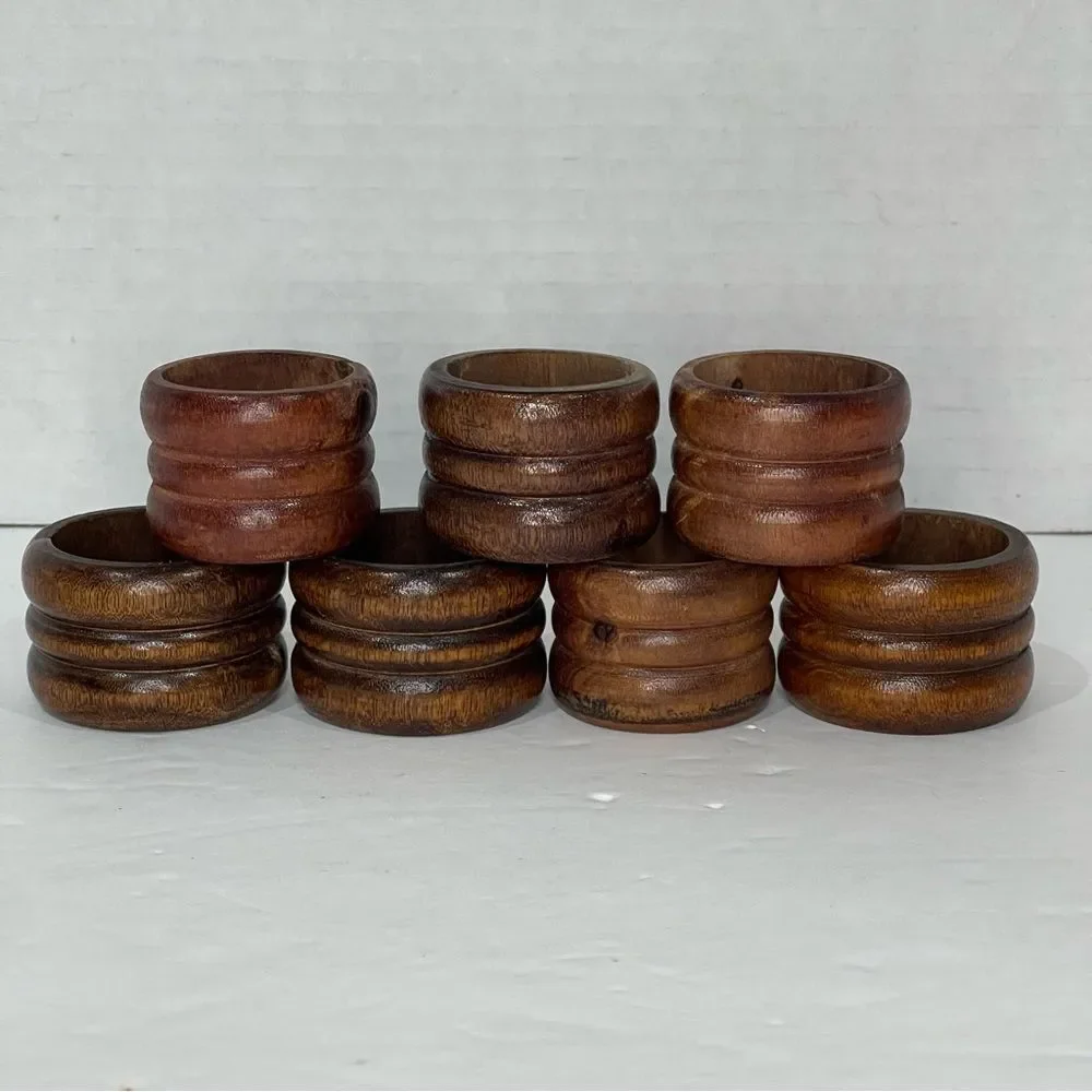 Rustic Wood Napkin Rings MCM Retro Cabin Farmhouse Casual Dark Brown Set of 7